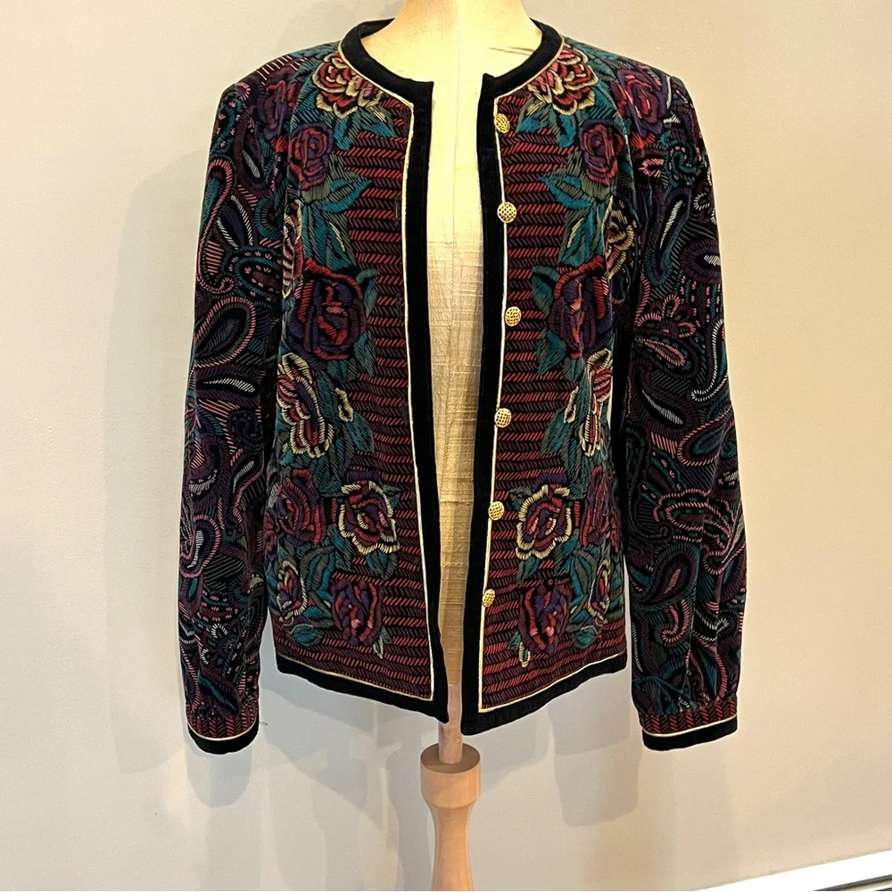 Vintage Japan Velvet Artsy Floral Blazer Jacket Gold Button Roses Sz 10 Black - Picture 1 of 12